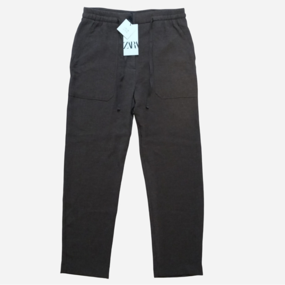 ZARA Dark Brown Textured Straight Leg Pants With Pockets